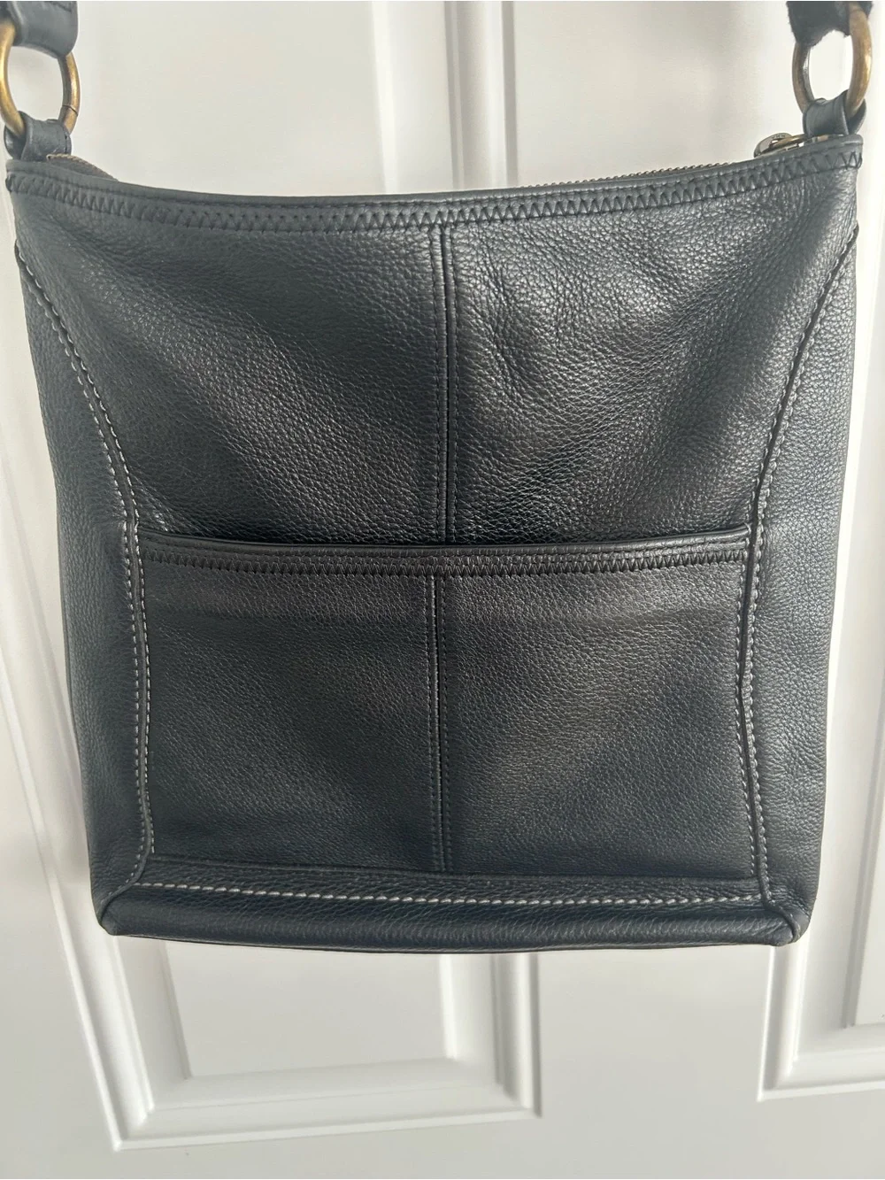The Sac Iris Black Pebbled Leather Crossbody Bag Adjustable Strap Brass Hardware